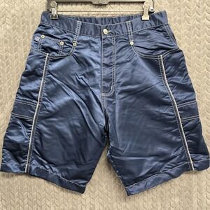 Vintage 90s Kikwear Nylon Baggy Wide Leg Raver Shorts Made USA Skater Sz 31 Blue